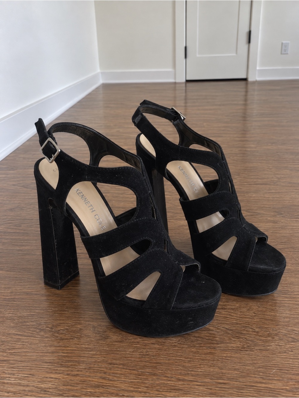 Kenneth Cole Black Suede Platform Cage Heels